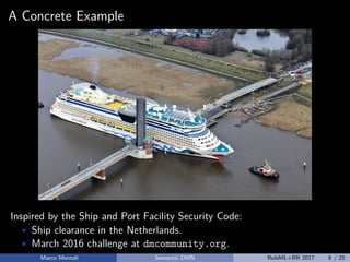 A Concrete Example
Inspired by the Ship and Port Facility Security Code:
• Ship clearance in the Netherlands.
• March 2016 challenge at dmcommunity.org.
Marco Montali Semantic DMN RuleML+RR 2017 6 / 25
 