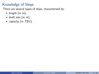 Knowledge of Ships
There are several types of ships, characterised by:
• length (in m);
• draft size (in m);
• capacity (in TEU).
Marco Montali Semantic DMN RuleML+RR 2017 7 / 25
 