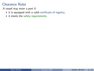 Clearance Rules
A vessel may enter a port if:
• it is equipped with a valid certiﬁcate of registry;
• it meets the safety requirements.
Marco Montali Semantic DMN RuleML+RR 2017 8 / 25
 