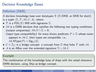 Decision Knowledge Bases
Deﬁnition (DKB)
A decision knowledge base over datatypes D (D-DKB, or DKB for short)
is a tuple Σ, T , M, C, A , where:
• T is a FOL(D) IKB with signature Σ.
• M is a DMN decision that satisﬁes the following two typing conditions:
(output uniqueness) M.O ∩ Σ = ∅;
(input type compatibility) for every binary predicate P ∈ Σ whose name
appears in M.I, their types are compatible, i.e.,
M.AType(P) = SigP (2).
• C ∈ ΣC is a bridge concept: a concept from Σ that links T with M.
• A is an ABox over the extended signature Σ ∪ M.I.
Example
The combination of the knowledge base of ships with the vessel clearance
DMN decision, using Ship as bridge concept.
Marco Montali Semantic DMN RuleML+RR 2017 12 / 25
 