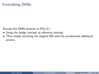 Formalising DKBs
Encode the DMN decision in FOL(D):
• Using the bridge concept as reference concept.
• Then simply enriching the original KB with the so-obtained additional
axioms.
Marco Montali Semantic DMN RuleML+RR 2017 13 / 25
 