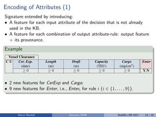 Encoding of Attributes (1)
Signature extended by introducing:
• A feature for each input attribute of the decision that is not already
used in the KB.
• A feature for each combination of output attribute-rule: output feature
+ its provenance.
Example
8 D. Calvanese, M. Dumas, F.M. Maggi, M. Montali
Table 2: Decision table for determining vessel clearance in Dutch ports; symbol today
is a shortcut for the milliseconds representing time 00:00:00 of the current date.
Vessel Clearance
C U Cer. Exp. Length Draft Capacity Cargo Enter
(date) (m) (m) (TEU) (mg/cm2
)
0 0 0 0 0 Y,N
1  today N
2 > today <260 <10 <1000 Y
3 > today <260 <10 1000 N
4 > today <260 [10,12] <4000 0.75 Y
5 > today <260 [10,12] <4000 >0.75 N
6 > today [260,320) (10,13] <6000 0.5 Y
7 > today [260,320) (10,13] <6000 >0.5 N
8 > today [320,400) 13 >4000 0.25 Y
9 > today [320,400) 13 >4000 >0.25 N
• 2 new features for CerExp and Cargo;
• 9 new features for Enter, i.e., Enteri for rule i (i ∈ {1, . . . , 9}).
Marco Montali Semantic DMN RuleML+RR 2017 14 / 25
 