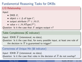 Fundamental Reasoning Tasks for DKBs
I/O Relationship
Input:
• DKB X,
• object c ∈ ∆ of type C,
• output attribute Po ∈ M.O,
• value v ∈ M.AType(Po).
Question: Is it the case that X assigns output v?
Table Completeness (C indicator)
Input: IDKB X (intensional, no data).
Question: Is it the case that, for every possible input, at least one rule of
the decision in X is guaranteed to trigger?
Correctness of Unique Hit (U indicator)
Input: IDKB X (intensional, no data).
Question: Is it the case that rules in the decision of X do not overlap?
Marco Montali Semantic DMN RuleML+RR 2017 21 / 25
 