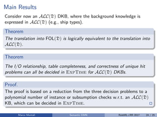 Main Results
Consider now an ALC(D) DKB, where the background knowledge is
expressed in ALC(D) (e.g., ship types).
Theorem
The translation into FOL(D) is logically equivalent to the translation into
ALC(D).
Theorem
The I/O relationship, table completeness, and correctness of unique hit
problems can all be decided in ExpTime for ALC(D) DKBs.
Proof.
The proof is based on a reduction from the three decision problems to a
polynomial number of instance or subsumption checks w.r.t. an ALC(D)
KB, which can be decided in ExpTime.
Marco Montali Semantic DMN RuleML+RR 2017 24 / 25
 