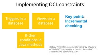 • Very few tools support it
• Even less generate code from OCL
Nobody uses OCL
• No explicit rule engine component
• Mixed...