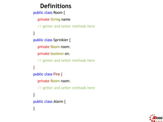 Definitions
public class Room {
    private String name
    // getter and setter methods here
}
public class Sprinkler {
 ...
