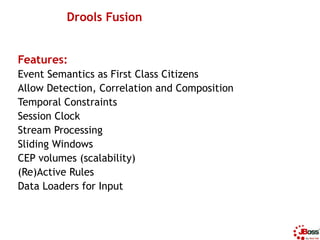 Drools Fusion


Features:
Event Semantics as First Class Citizens
Allow Detection, Correlation and Composition
Temporal Co...