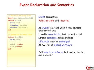 Event Declaration and Semantics

// declaring existing class
import some.package.VoiceCall   Event semantics:
declare Voic...