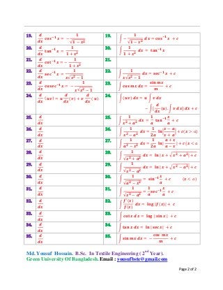 Page 2 of 2
Md. Yousuf Hossain. B.Sc. In Textile Engineering ( 2nd
Year).
Green University Of Bangladesh. Email : yousufbste@gmail.com
19.
√
19.
∫
√
20. 20.
∫
21. 21.
22.
√
22.
∫
√
23.
√
23.
∫
24.
( ) ( ) ( )
24.
∫( ) ∫
∫ ( ) ∫
25. 25.
∫
26. 26.
∫ | | ( )
27. 27.
∫ *
28. 28.
∫
√
√
29. 29.
∫
√
√
30. 30.
∫
√
( )
31. 31.
∫
√
32. 32.
∫
( )
( )
( )
33. 33.
∫
34. 34.
∫
35. 35.
∫
 