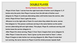 DOUBLE PLAYER
Serving Rotation (See Diagram Below)
-Player A from Team 1 serves from the right hand side of his/her court (diagram 1). If
he/she wins the point, then Player A serves from the left side of his/her court
(diagram 2). Player A continues alternating sides until he/she loses the service, after
which, Player B from Team 2 gets the serve.
-Whoever is on the right side of Team 2’s court when they obtain the serve, serves
first (diagram 3). This person continues serving in the same fashion as the earlier
servers (alternating left and right sides). This player, Player B, continues serving until
he/she loses the service (diagram 4).
-After Player B is done serving, Player C from Team 2 begins their serve (diagram 5).
-After Player C loses the serve, Team 2 gives up the serve back to Team 1, where
Player D begins to take his/her turn serving (diagram 6). After Player D ends their
turn serving, the serve returns to Player A and the whole process repeats itself.
 