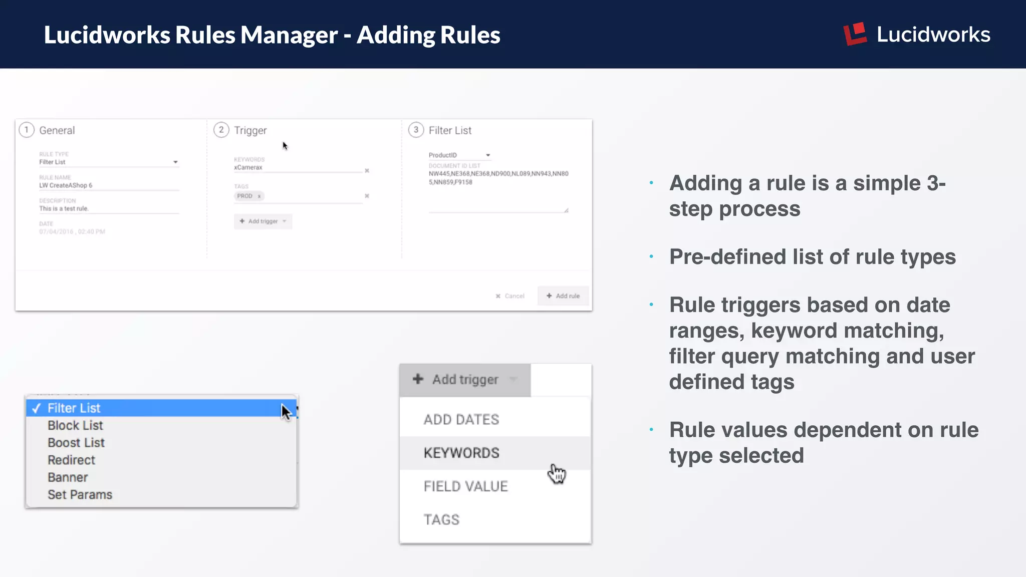 Lucidworks Rules Manager - Adding Rules
• Adding a rule is a simple 3-
step process
• Pre-deﬁned list of rule types
• Rule triggers based on date
ranges, keyword matching,
ﬁlter query matching and user
deﬁned tags
• Rule values dependent on rule
type selected
 