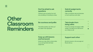 Other
Classroom
Reminders
Don'tbeafraidtoask
questions
Feel free toask your teacher ifyou don't
know something or ifsomething is unclear.
Submitassignments
correctly
Follow your teacher's rules and instructions
onhow tosubmit your work online.
Takebreaksfrom
beingonline
Find time torecharge and engage in offline
activities. Find balance and make time for
your hobbies as well.
Supporteachother
Be kind toeveryone. Let'sencourage and
lift each other up.
Becourteousandpolite
Think before speaking. Say "thank you"
and "please" when appropriate.
Keepupwithlessons
andhomework
Review your notes. Stick toa study routine
so you won't get behind with class
assignments.
 