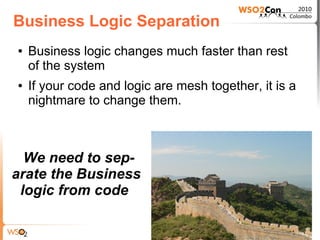 Business Logic Separation
●   Business logic changes much faster than rest
    of the system
●   If your code and logic are mesh together, it is a
    nightmare to change them.



  We need to sep-
arate the Business
 logic from code
 