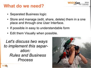 What do we need?
 ●   Separated Business logic
 ●   Store and manage (edit, share, delete) them in a one
     place and through one User Interface.
 ●   If possible in easy to understandable form
 ●   Edit them Visually when possible.

 Let's discuss two ways
to implement this separ-
          ation:
    Rules and Business
        Process
 