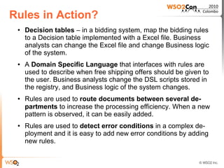 Rules in Action?
 ●   Decision tables – in a bidding system, map the bidding rules
     to a Decision table implemented with a Excel file. Business
     analysts can change the Excel file and change Business logic
     of the system.
 ●   A Domain Specific Language that interfaces with rules are
     used to describe when free shipping offers should be given to
     the user. Business analysts change the DSL scripts stored in
     the registry, and Business logic of the system changes.
 ●   Rules are used to route documents between several de-
     partments to increase the processing efficiency. When a new
     pattern is observed, it can be easily added.
 ●   Rules are used to detect error conditions in a complex de-
     ployment and it is easy to add new error conditions by adding
     new rules.
 