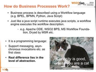 How do Business Processes Work?
    ●   Business process is described using a Workflow language
        (e.g. BPEL, BPMN, Python, Java Script)
    ●   Just like a java script runtime executes java scripts, a workflow
        engine executes the workflow description.
             –   e.g. Apache ODE, WSO2 BPS, MS Workflow Founda-
                   tion, Dryad by MSR etc.

●   It is a programming language:
●   Support messaging, asyn-
    chronous invocations etc. as
    first class
    Real difference lies in the
                                            Curiosity is good,
●


    level of abstraction.
                                           unless you are a cat
 