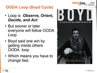 OODA Loop (Boyd Cycle)
●   Loop is Observe, Orient,
    Decide, and Act
●   But sooner or later
    everyone will follow OODA
    Loop
●   Boyd said one win by
    getting inside others
    OODA loop
●   Which means you have to
    change fast.
 