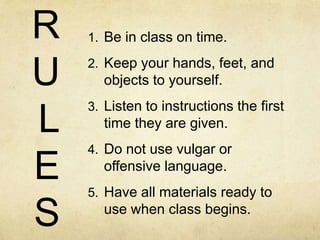 R   1. Be in class on time.


U   2. Keep your hands, feet, and
      objects to yourself.
    3. Listen to instructions the first
L     time they are given.
    4. Do not use vulgar or
E     offensive language.
    5. Have all materials ready to

S     use when class begins.
 