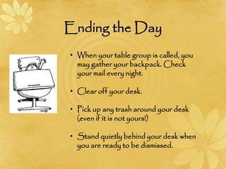Ending the Day
• When your table group is called, you
may gather your backpack. Check
your mail every night.
• Clear off your desk.
• Pick up any trash around your desk
(even if it is not yours!)
• Stand quietly behind your desk when
you are ready to be dismissed.
 