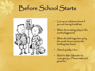Before School Starts
• Line up at cafeteria doors if
you are having breakfast.
• When done eating, play on the
south playground.
• When the bell rings, line up by
the south doors next to the
building (two lines).
• Stand quietly in line.
• Wait for Mrs. Marsden to
come get you. Please smile and
greet her.
 