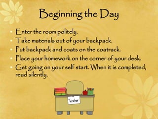 Beginning the Day
• Enter the room politely.
• Take materials out of your backpack.
• Put backpack and coats on the coatrack.
• Place your homework on the corner of your desk.
• Get going on your self start. When it is completed,
read silently.
 