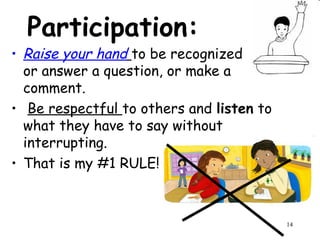 14
Participation:
• Raise your hand to be recognized to ask
or answer a question, or make a
comment.
• Be respectful to others and listen to
what they have to say without
interrupting.
• That is my #1 RULE!
 