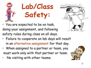 22
Lab/Class
Safety:
• You are expected to be on task,
doing your assignment, and following
safety rules during class on all days.
• Failure to cooperate on lab days will result
in an alternative assignment for that day.
• When assigned to a partner or team, you
must work only with that partner or team.
• No visiting with other teams.
 