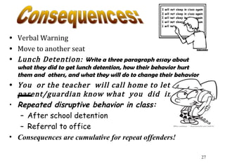 27
• Verbal Warning
• Move to another seat
• Lunch Detention: Write a three paragraph essay about
what they did to get lunch detention, how their behavior hurt
them and others, and what they will do to change their behavior
• You or the teacher will call home to let your
parent/guardian know what you did in class
• Repeated disruptive behavior in class:
– After school detention
– Referral to office
• Consequences are cumulative for repeat offenders!
 