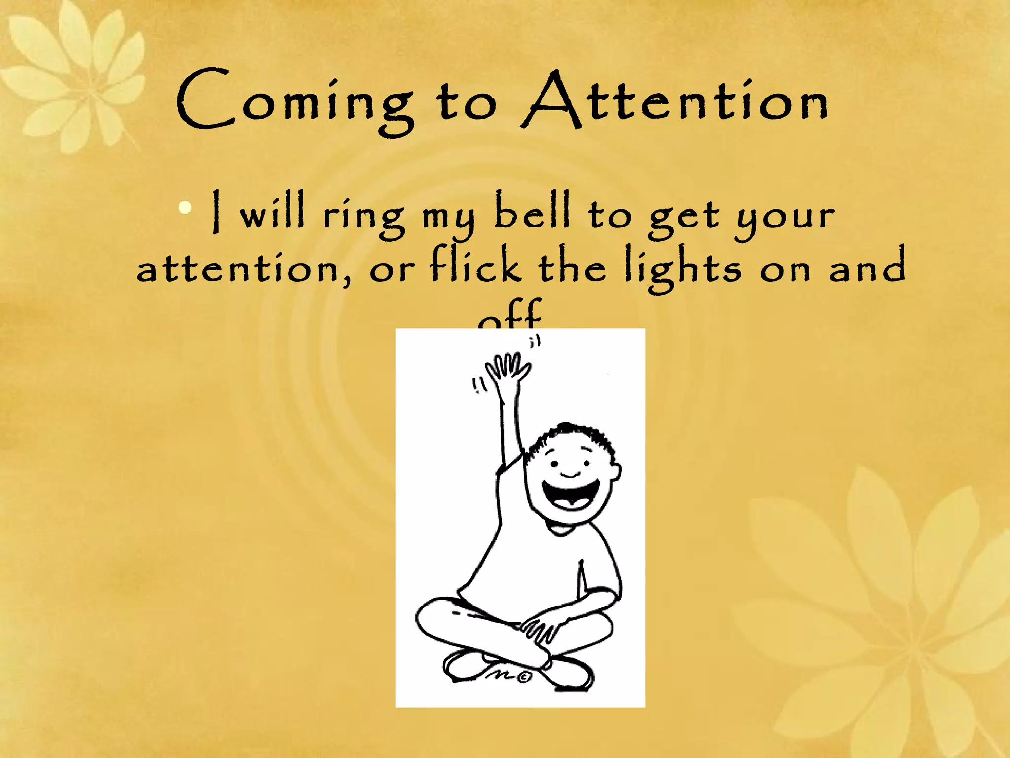 Coming to Attention
• I will ring my bell to get your
attention, or flick the lights on and
off.
 