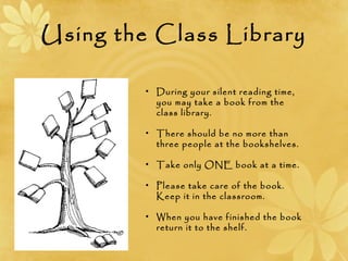 Using the Class Library
• During your silent reading time,
you may take a book from the
class library.
• There should be no more than
three people at the bookshelves.
• Take only ONE book at a time.
• Please take care of the book.
Keep it in the classroom.
• When you have finished the book
return it to the shelf.
 