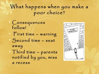 What happens when you make a
poor choice?
• Consequences
follow!
• First time – warning
• Second time – seat
away
• Third time – parents
notified by you, miss
a recess
 