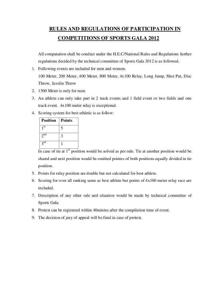 Rules and regulation for sports gala 2012, uog