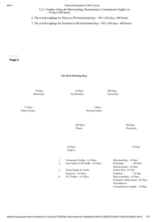 9/9/14 Rules and Regulations of B.Ed. Course 
5.2.3. Number of days for Microteaching, Demonstration, Communicative English, etc. 
- 34 days (204 hours) 
6. The overall weightage for Theory in 200 Instructional days - 50% (100 days- 600 hours) 
7. The overall weightage for Practicum in 200 Instructional days - 50% (100 days - 600 hours) 
Page 2 
230 Total Working Days 
10 Days 20 Days 200 Days 
Admissions Examinations Instruction 
12 Days 8 Days 
Theory Exams Practical Exams 
100 Days 100 Days 
Theory Practicum 
26 Days 74 Days 
Projects 
1. Community Studies - 6.6 Days Microteaching - 14 Days 
2. Case Study & Life Skills - 6.6 Days Workshop - 04 Days 
Demonstration - 02 Days 
3. School Study & Action School Visit - 01 Day 
Research - 6.6 Days Feedback - 01 Day 
4. ICT Project - 6.6 Days Macro-teaching - 40 Days 
Scholastic Achievement - 02 Days 
Workshop on 
Communicative English – 10 Days 
webcache.googleusercontent.com/search?q=cache:ZgTC5fZ7hQsJ:www.osmania.ac.in/Syllabus2013/B.Ed.%25202013%2520-%252014%2520OU.pdf+&… 2/77 
 