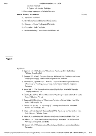 9/9/14 Rules and Regulations of B.Ed. Course 
e) Gifted / Talented 
f) Children with Learning Disabilities 
9.3 Concept and Importance of Inclusive Education 
Unit-X: Statistics in Education 10 Hours 
10.1 Importance of Statistics 
10.2 Tabulation of Data and Graphical Representation 
10.3 Measures of Central Tendency and Variability 
10.4 Correlation - Rank Correlation 
10.5 Normal Probability Curve - Characteristics and Uses 
Page 25 
References 
1. Aggarwal, J.C. (1995). Essential Educational Psychology. New Delhi: Vikas 
Publishing House Pvt, Ltd. 
2. Anandan, K.N. (2006). Tuition to Intuition- A Constructive Perspective on Second 
Language Pedagogy. Calicut: Mind - Voyalil Arcade, Mukkam. 
3. Bhaskara Rao, Digumarti (2013). Bodhana Abhyasanamlo Manovignana Sastram 
(Psychology of Teaching and Learning). Guntur: master minds, Sri Nagarjuna 
Publishers. 
4. Bhatia, H.R. (1977). Textbook of Educational Psychology. New Delhi: Macmillan 
Company of India Pvt. Ltd. 
5. Chauhan, S.S. (1988). Advanced Educational Psychology, Second Edition. New Delhi: 
Anmol Publications Pvt. Ltd. 
6. Dandapani (2002). Advanced Educational Psychology, Second Edition. New Delhi: 
Anmol Publication Pvt. Ltd. 
7. Dececco, J.P. (1979). The Psychology of Learning and Instruction. New Delhi: 
Prentice-Hall of India Pvt. Ltd. 
8. Ediger, Marlow & Digumarti Bhaskara Rao (2009). Psychology and Curriculum. New 
Delhi: Discovery Publishing House. 
9. Hilgard, E.R. and Bower, G.H. Theories of Learning. Prentice Hall India, New Delhi 
10. Hurlock, E.B. (1999). Developmental Psychology. New Delhi: Tata McGraw-Hill 
Publishing Company Ltd, New Delhi 
11. Kakkar, S.B. (1989), Educational Psychology & Guidance. Ambala Cantt: Indian 
Publication. 
webcache.googleusercontent.com/search?q=cache:ZgTC5fZ7hQsJ:www.osmania.ac.in/Syllabus2013/B.Ed.%25202013%2520-%252014%2520OU.pdf+… 25/77 
 