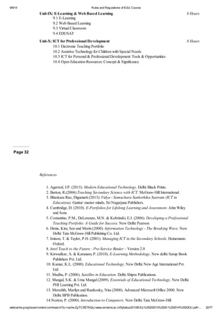 9/9/14 Rules and Regulations of B.Ed. Course 
Unit-IX: E-Learning & Web Based Learning 8 Hours 
9.1 E-Learning 
9.2 Web Based Learning 
9.3 Virtual Classroom 
9.4 EDUSAT 
Unit-X: ICT for Professional Development 8 Hours 
10.1 Electronic Teaching Portfolio 
10.2 Assistive Technology for Children with Special Needs 
10.3 ICT for Personal & Professional Development: Tools & Opportunities 
10.4 Open Education Resources: Concept & Significance 
Page 32 
References 
1. Agarwal, J.P. (2013). Modern Educational Technology. Delhi: Black Prints. 
2. Barton, R.(2004).Teaching Secondary Science with ICT. McGraw-Hill International 
3. Bhaskara Rao, Digumarti (2013): Vidya - Samachara Sankethika Sastram (ICT in 
Education). Guntur: master minds, Sri Nagarjuna Publishers. 
4. Cambridge, D. (2010). E-Portfolios for Lifelong Learning and Assessment. John Wiley 
and Sons 
5. Costantino, P.M., DeLorenzo, M.N. & Kobrinski, E.J. (2006). Developing a Professional 
Teaching Portfolio: A Guide for Success. New Delhi: Pearson 
6. Denis, Kim, Sen and Morin (2000). Information Technology - The Breaking Wave. New 
Delhi: Tata McGraw-Hill Publishing Co. Ltd. 
7. Imison, T. & Taylor, P.H. (2001). Managing ICT in the Secondary Schools. Heinemann: 
Oxford. 
8. Intel Teach to the Future - Pre-Service Binder – Version 2.0 
9. Kirwadkar, A. & Karanam, P. (2010). E-Learning Methodology. New delhi: Sarup Book 
Publishers Pvt. Ltd. 
10. Kumar, K.L. (2000). Educational Technology. New Delhi: New Age International Pvt. 
Ltd. 
11. Madhu, P. (2006). Satellite in Education. Delhi: Shipra Publications. 
12. Mangal, S.K. & Uma Mangal (2009). Essentials of Educational Technology. New Delhi: 
PHI Learning Pvt. Ltd. 
13. Meredith, Marilyn and Rustkosky, Nita (2000). Advanced Microsoft Office 2000. New 
Delhi: BPB Publication. 
14.Norton, P. (2000). Introduction to Computers. New Delhi: Tata McGraw-Hill 
webcache.googleusercontent.com/search?q=cache:ZgTC5fZ7hQsJ:www.osmania.ac.in/Syllabus2013/B.Ed.%25202013%2520-%252014%2520OU.pdf+… 32/77 
 
