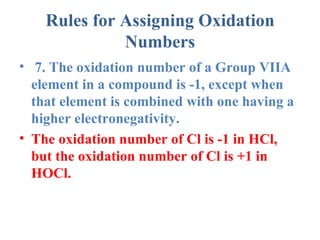 Rules for Assigning Oxidation Numbers 7. The oxidation number of a Group VIIA element in a compound is -1, except when that element is combined with one having a higher electronegativity.  The oxidation number of Cl is -1 in HCl, but the oxidation number of Cl is +1 in HOCl.  