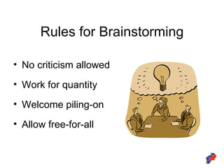 Rules for Brainstorming No criticism allowed Work for quantity Welcome piling-on Allow free-for-all 