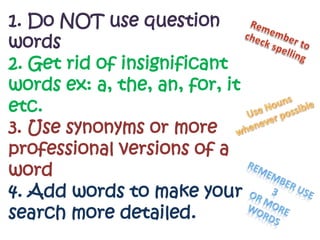 1. Do NOT use question words2. Get rid of insignificant words ex: a, the, an, for, it etc. 3. Use synonyms or more professional versions of a word4. Add words to make your search more detailed. Remember to check spelling Use Nouns  whenever possible Remember use 3  or more words 