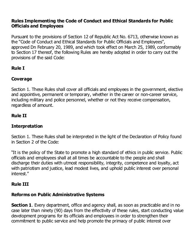 Rules Implementing The Code Of Conduct And Ethical Standards For Publ Rules Implementing The Code Of Conduct And Ethical Standards For Publ