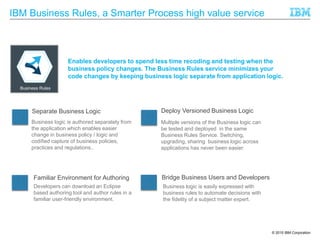 © 2015 IBM Corporation
IBM Business Rules, a Smarter Process high value service
Familiar Environment for Authoring
Developers can download an Eclipse
based authoring tool and author rules in a
familiar user-friendly environment.
Separate Business Logic
Business logic is authored separately from
the application which enables easier
change in business policy / logic and
codified capture of business policies,
practices and regulations..
Business logic is easily expressed with
business rules to automate decisions with
the fidelity of a subject matter expert.
Bridge Business Users and Developers
Deploy Versioned Business Logic
Multiple versions of the Business logic can
be tested and deployed in the same
Business Rules Service. Switching,
upgrading, sharing business logic across
applications has never been easier.
Enables developers to spend less time recoding and testing when the
business policy changes. The Business Rules service minimizes your
code changes by keeping business logic separate from application logic.
Business Rules
 