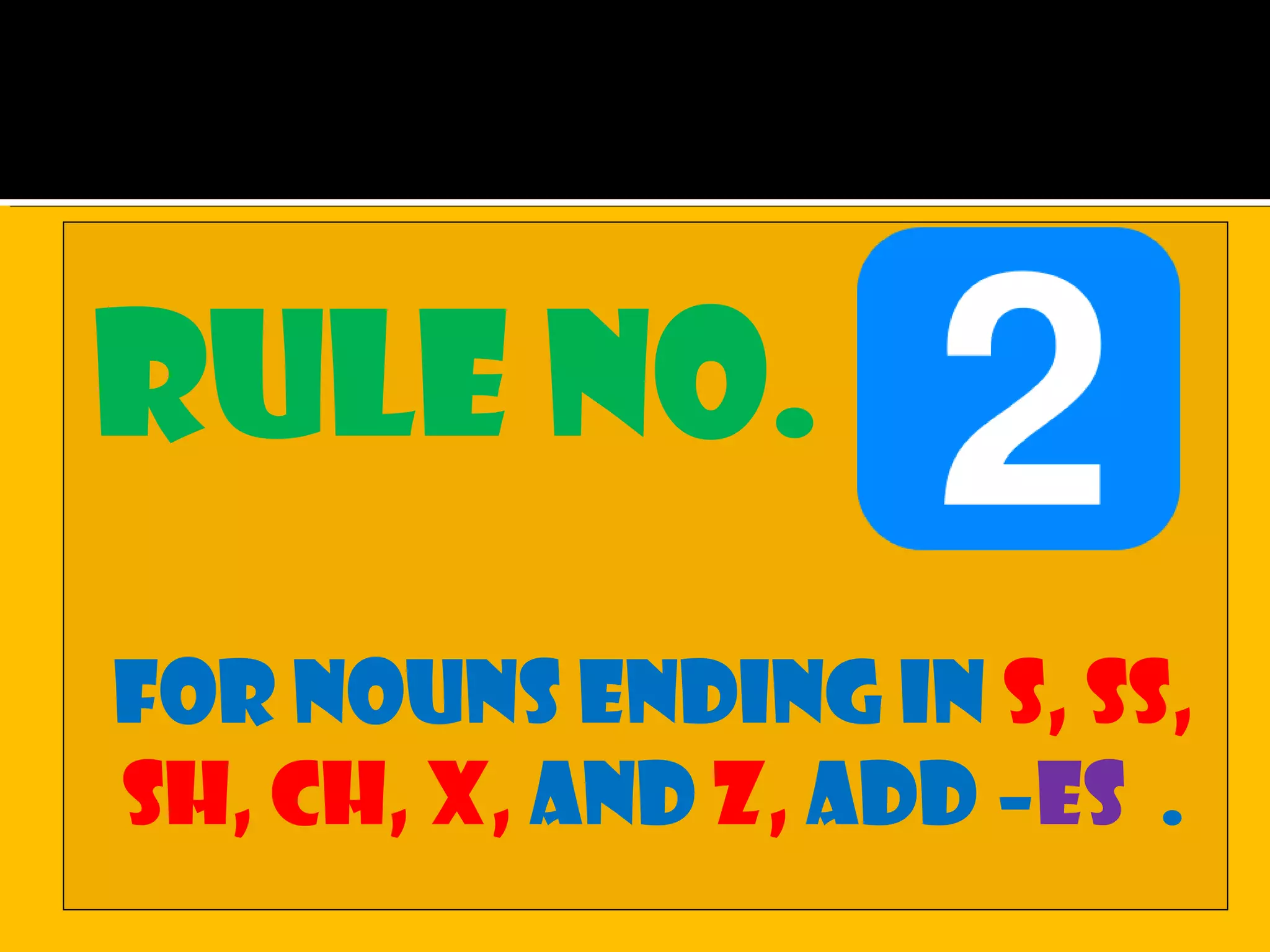 Rule NO.
For nouns ending in s, ss,
sh, ch, X, and z, Add –es .
 