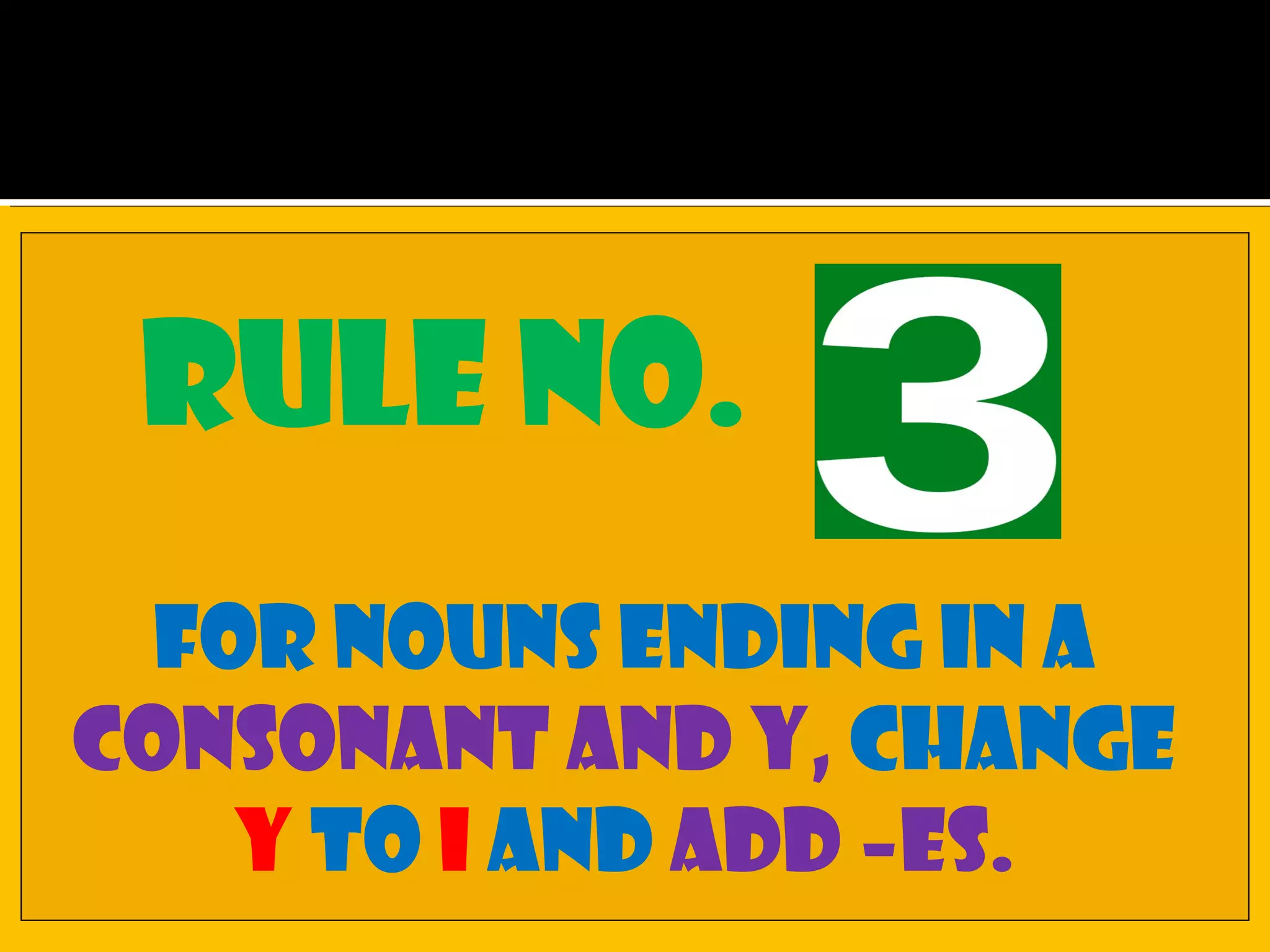 Rule no.
For nouns ending in a
consonant and y, change
y to I and add –es.
 
