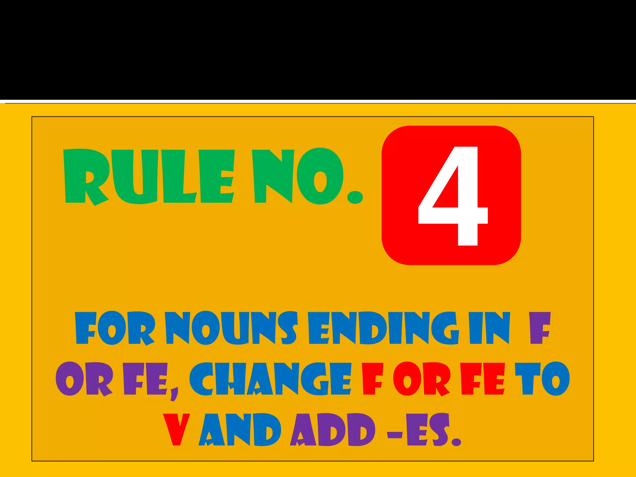 Rule no.
For nouns ending in f
or fe, change f or fe to
v and add –es.
 