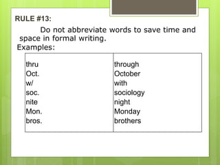 RULE #13:
thru
Oct.
w/
soc.
nite
Mon.
bros.
through
October
with
sociology
night
Monday
brothers
Do not abbreviate words to save time and
space in formal writing.
Examples:
 