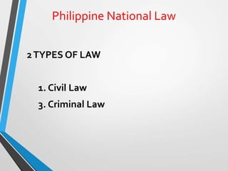 Philippine National Law
2TYPES OF LAW
1. Civil Law
3. Criminal Law
 