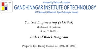 Control Engineering (2151908)
Mechanical Department
Sem.: 5th
D (D2)
Rules of Block Diagram
Prepared By: Dubey Manish S. (160123119009)
 