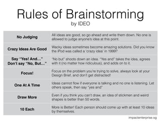 Rules of Brainstorming
No Judging
All ideas are good, so go ahead and write them down. No one is
allowed to judge anyone’s idea at this point.
Crazy Ideas Are Good
Wacky ideas sometimes become amazing solutions. Did you know
the iPod was called a ‘crazy idea’ in 1999?
Say “Yes! And…”
Don’t say “No, But…”
“No but” shoots down an idea. “Yes and” takes the idea, agrees
with it (no matter how ridiculous), and adds on to it.
Focus!
Focus on the problem you’re trying to solve, always look at your
Design Brief, and don’t get distracted!
One At A Time
Ideas cannot ﬂow if everyone is talking and no one is listening. Let
others speak, then say “yes and”
Draw More
Even if you think you can’t draw, an idea of stickmen and weird
shapes is better than 50 words.
10 Each
More is Better! Each person should come up with at least 10 ideas
by themselves.
impactenterprise.sg
by IDEO
 