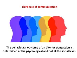 Third rule of communication
The behavioural outcome of an ulterior transaction is
determined at the psychological and not at the social level.
 