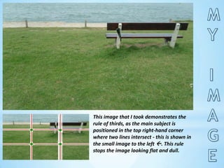 MY IMAGEThis image that I took demonstrates the rule of thirds, as the main subject is positioned in the top right-hand corner where two lines intersect - this is shown in the small image to the left . This rule stops the image looking flat and dull.