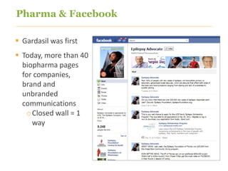 Pharma & Facebook

 Gardasil was first
 Today, more than 40
  biopharma pages
  for companies,
  brand and
  unbranded
  communications
   oClosed wall = 1
     way


32
 